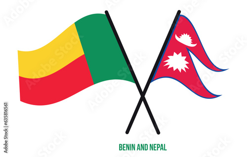 Benin and Nepal Flags Crossed And Waving Flat Style. Official Proportion. Correct Colors.
