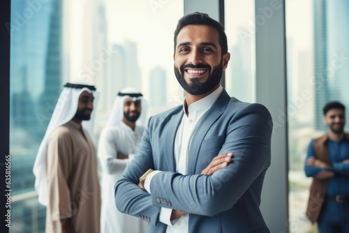 Young handsome Emirati business man in UAE traditional outfit standing on office with crossed arms with business team background . Arabic ambitious mature businessman.