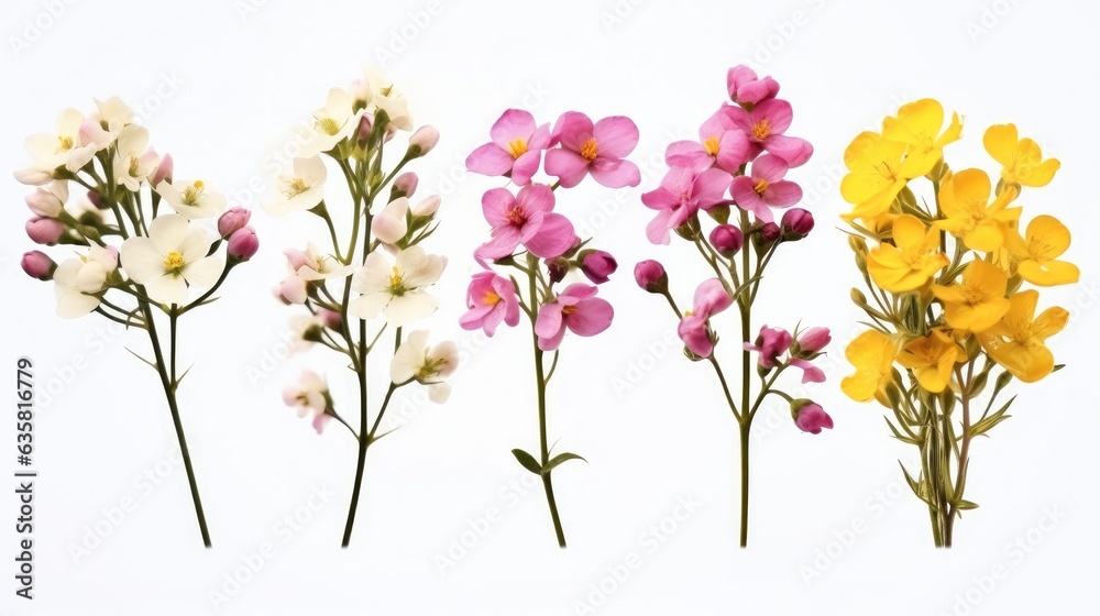 Set of small sprigs of yellow flowers of berberis thunbergii, Pink chamelaucium and white gypsophila on white background.
