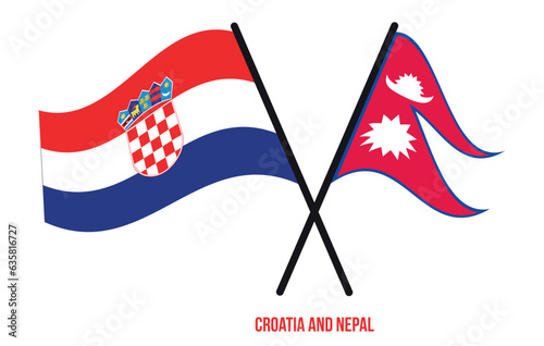 Croatia and Nepal Flags Crossed And Waving Flat Style. Official Proportion. Correct Colors.