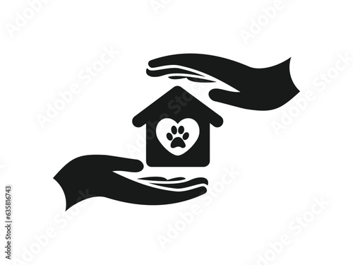 Protection and care of pets, Hand holding doghouse kennel vector icon, Care and love animal
