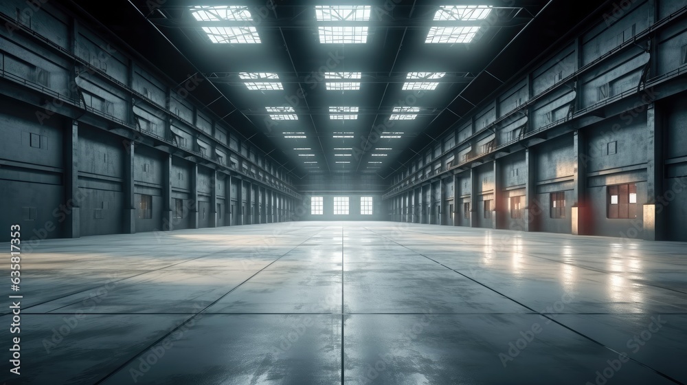 Empty warehouse in the logistics center, Cargo shipment concept, Shipping delivery service.