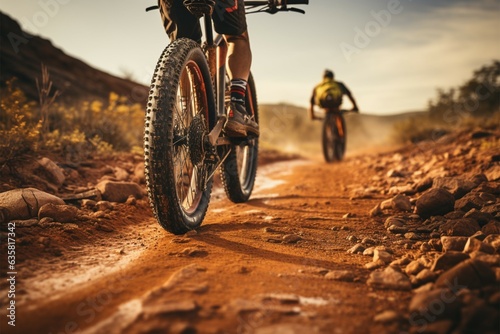 Back view Mountain bikes tire and riders foot on brown dirt path Generative AI