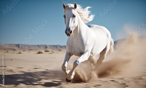 Galloping white horse exudes strength and elegance.