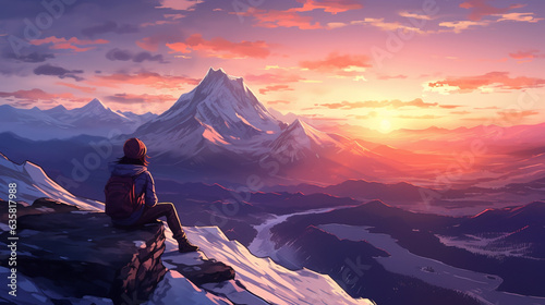 Girl traveler sits and looks at the snow-capped mountains, generative ai