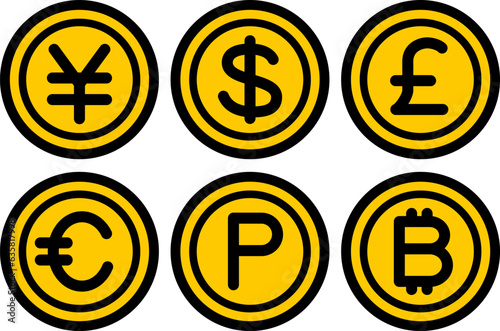 お金のコインのアイコン（円・ドル・ユーロ・ポンド・ビットコイン・ポイント）, money icon (yen, dollar, euro, pound, bitcoin, point)
