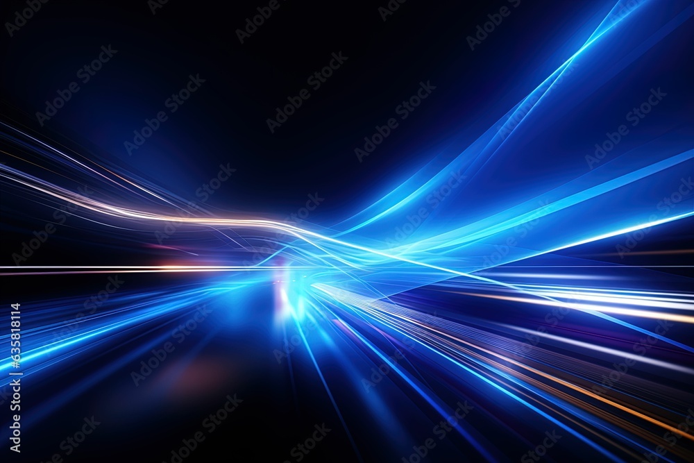 Vector abstract, science, future, energy technology concept. Digital image of rays of light, blue light streaks, speed and motion blur on a dark blue background - obrazy, fototapety, plakaty 