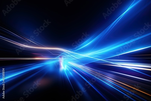 Vector abstract, science, future, energy technology concept. Digital image of rays of light, blue light streaks, speed and motion blur on a dark blue background