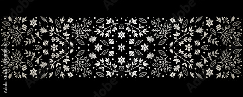 Merry Christmas and Happy New Year luxury festive design with border. Line art style. Winter dark background with floral ornament. Xmas decoration. Vector illustration