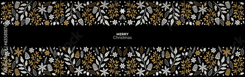 Merry Christmas and Happy New Year luxury festive design with border. Line art style. Winter dark background with floral ornament. Xmas decoration. Vector illustration