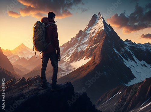 Mountaineer climber with mountain in the background. Climbing mountains, adventure and trekking. Mountain trekking clothing, sportswear. Traveling in the mountains. AI generative. © DavidArt