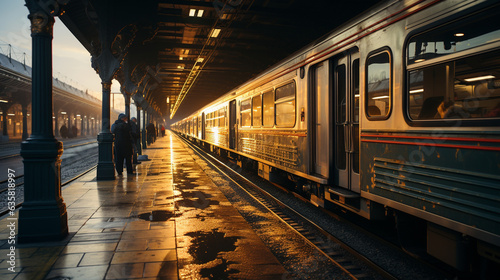 Train traveling through a train station next to a platform.