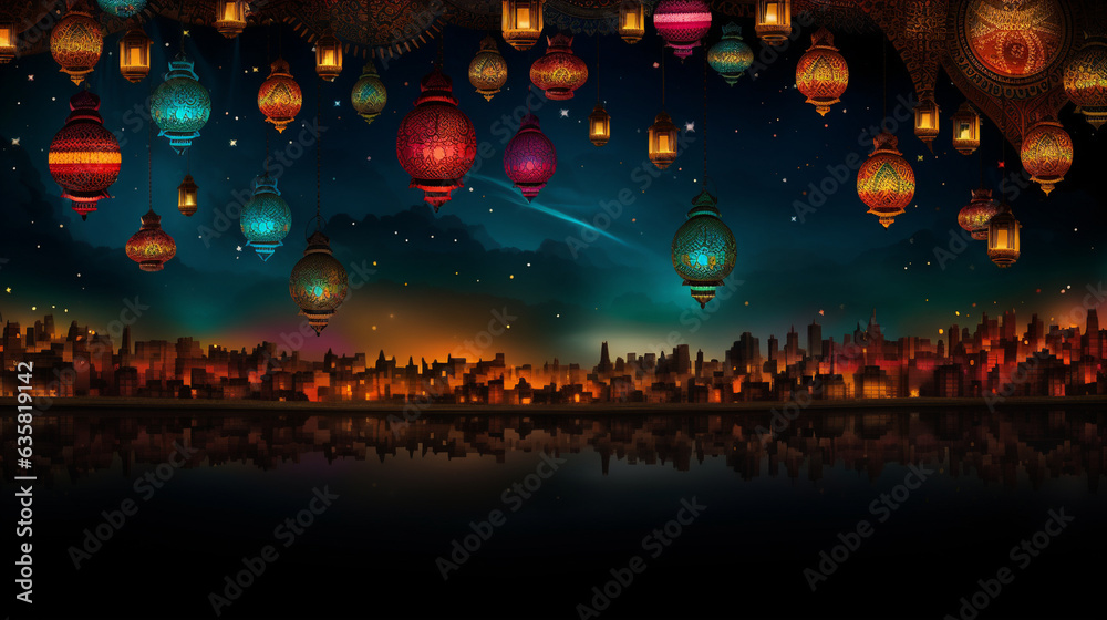 Intricately designed lanterns hanging in a colorful backdrop, Diwali, background Generative AI Intricately designed lanterns hanging in a colorful backdrop, Diwali, background Generative AI