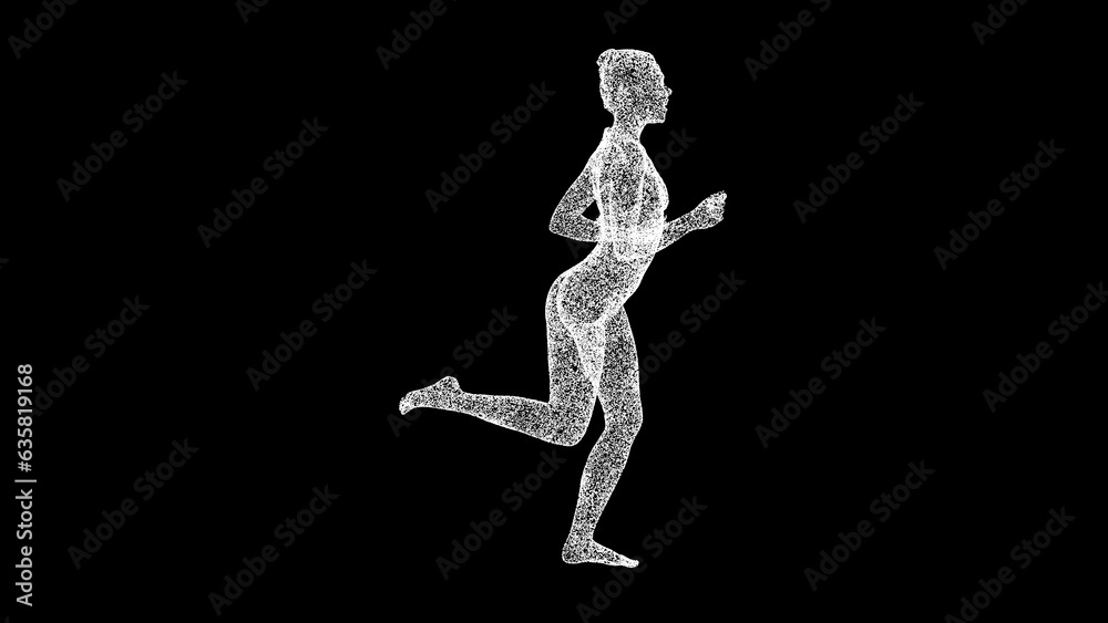 3D Running woman in swimsuit on black bg. Summer vacation on the beach. Fitness and health. Healthy lifestyle. 3D animation.