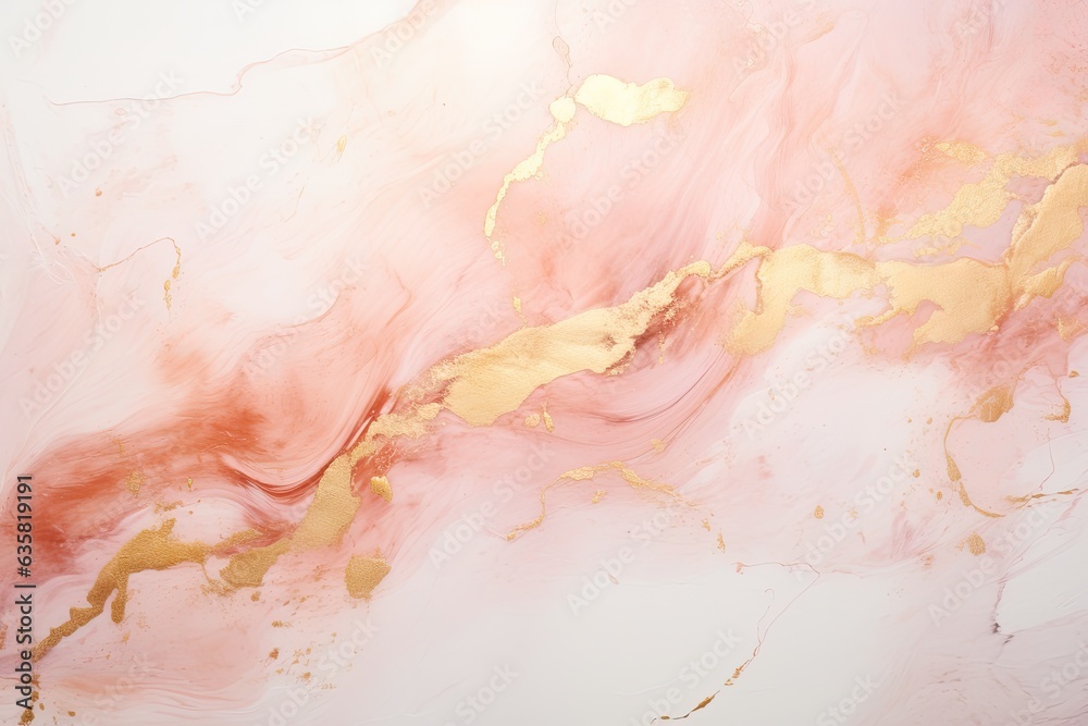 Abstract painting background with splatter texture in rose gold on a liquid marble canvas.