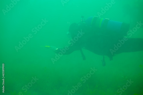 SCUBA diver exploring a murky freshwater lake swimming through a thermocline holding dive flag rope © Focused Adventures