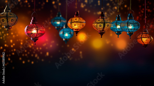 Intricately designed lanterns hanging in a colorful backdrop, Diwali, background Generative AI