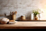 a luxury wooden kitchen tabletop with a bread basket, salt and pepper bottles, and empty space for a montage display. The background is a blurred modern kitchen room.