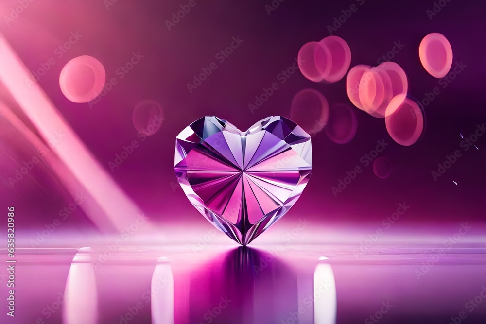 Crystal heart on a purple pink background with copy space, banner, flat lay, top view. Generative AI Crystal heart on a purple pink background with copy space, banner, flat lay, top view. Generative AI
