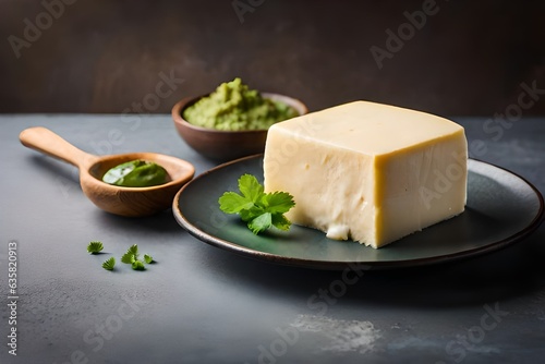 White cheese, feta with olives and cilantro on a neutral background created by AI