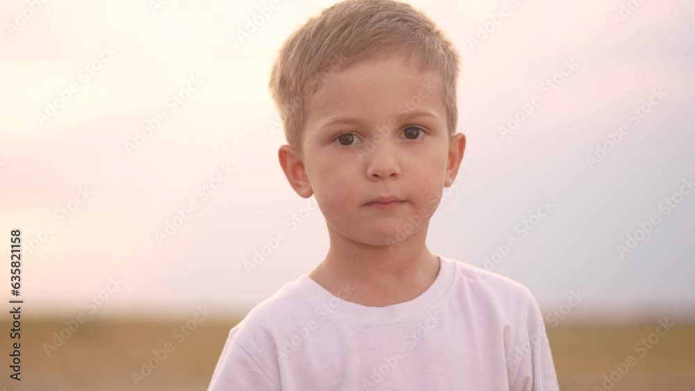 the boy looks into the camera. happy family kid dream concept. close-up of a child's face. the boy looks carefully. son in nature portrait. the child observes what is happening around lifestyle him