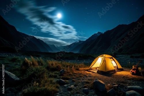 A tent glows under a night sky full of stars. Outdoor adventure, nature landscape © Denis