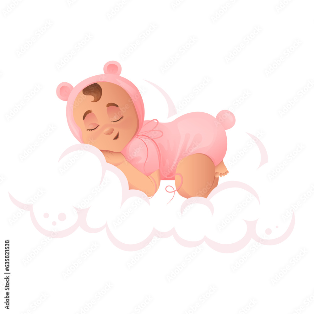 Cute smiling sleeping baby girl in pink bear pajamas on cloud. Baby girl character in cartoon style. Cute smiling sleeping baby girl in pink bear pajamas on cloud. Baby girl character in cartoon style.
