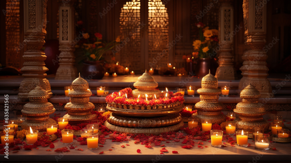 A beautifully lit traditional Indian home with flickering diyas and decorative lights for a radiant Diwali celebration, Diwali, Diwali Background Generative AI
