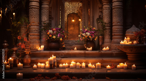 A beautifully lit traditional Indian home with flickering diyas and decorative lights for a radiant Diwali celebration, Diwali, Diwali Background Generative AI photo