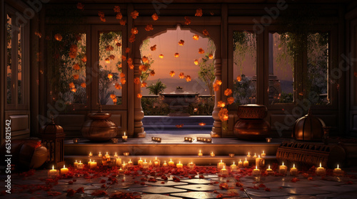 A beautifully lit traditional Indian home with flickering diyas and decorative lights for a radiant Diwali celebration, Diwali, Diwali Background Generative AI © Denis Yevtekhov