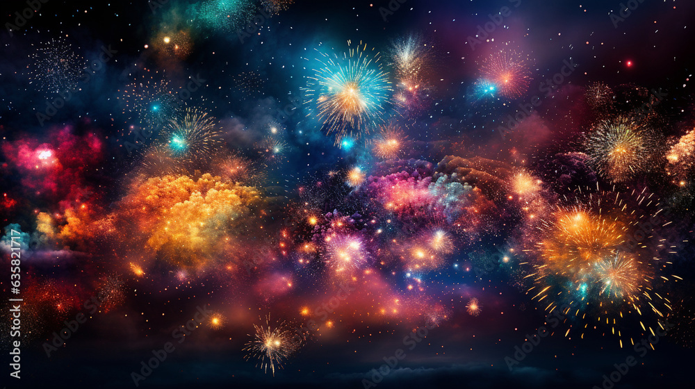 A burst of colorful fireworks lighting up the night sky, capturing the joyous and dazzling essence of Diwali, Diwali, Diwali Background Generative AI