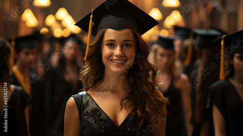 Portrait of cheerful young lady in graduation cap.