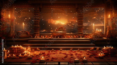 A beautifully lit traditional Indian home with flickering diyas and decorative lights for a radiant Diwali celebration  Diwali  Diwali Background Generative AI
