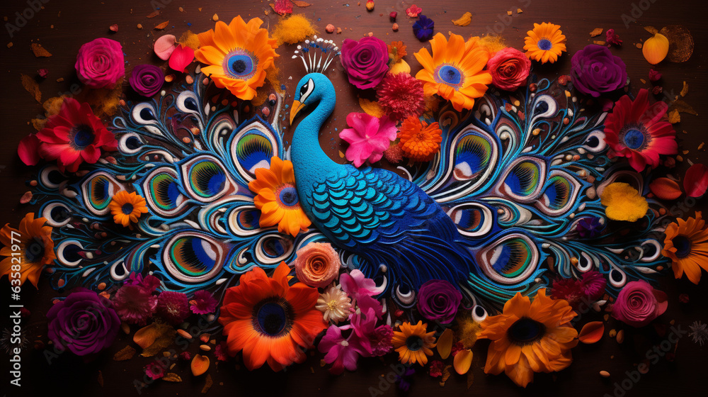 A colorful display of rangoli art featuring peacocks and floral motifs, highlighting the intricate designs of Diwali, Diwali, Diwali Background Generative AI A colorful display of rangoli art featuring peacocks and floral motifs, highlighting the intricate designs of Diwali, Diwali, Diwali Background Generative AI