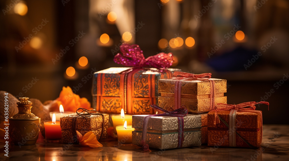 A vibrant display of assorted Diwali gifts and wrapped presents, reflecting the spirit of giving during the festival, Diwali, Diwali Background Generative AI A vibrant display of assorted Diwali gifts and wrapped presents, reflecting the spirit of giving during the festival, Diwali, Diwali Background Generative AI