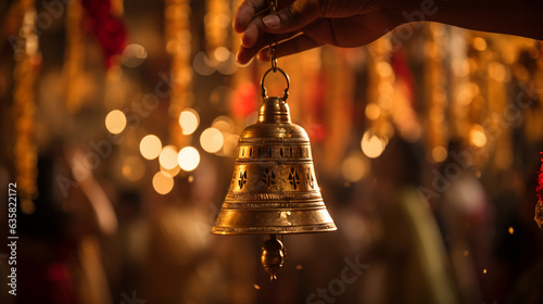 A traditional brass bell being rung as part of the Lakshmi Puja ritual, creating a melodious and sacred atmosphere, Diwali Generative AI