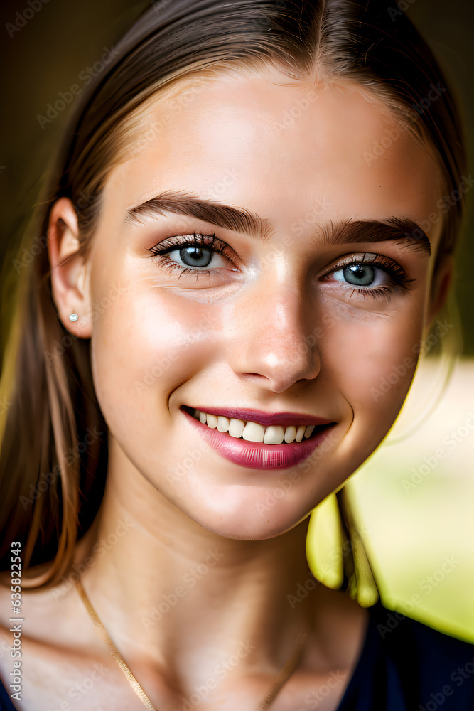 Close up portrait of a happy, beautiful, young woman with blue eyes smiling portrait, natural beauty, self love emotions Close up portrait of a happy, beautiful, young woman with blue eyes smiling portrait, natural beauty, self love emotions