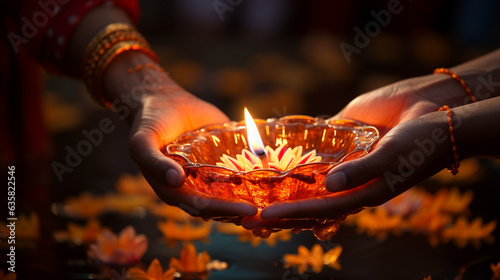 A traditional oil lamp being circled in a clockwise motion during the Lakshmi Puja, invoking positive energy, Diwali Generative AI