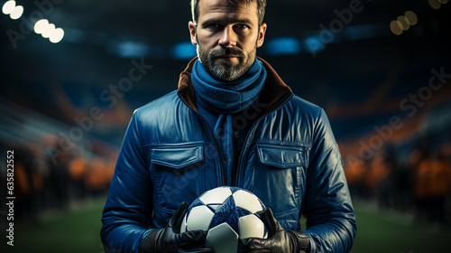 Soccer player holding soccer ball. Generative Ai