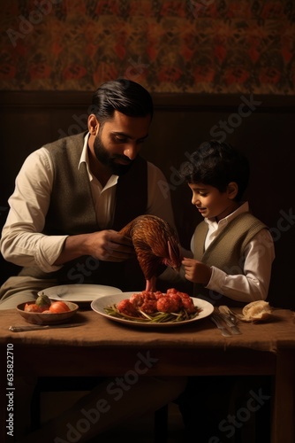 A Young Boy and an Old Man Praying Over a Special Meal. A fictional character Created By Generated AI.