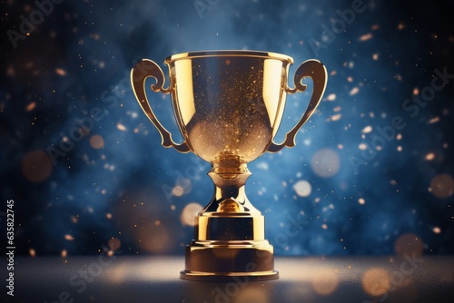 Champion Award gold cup on the blue background.