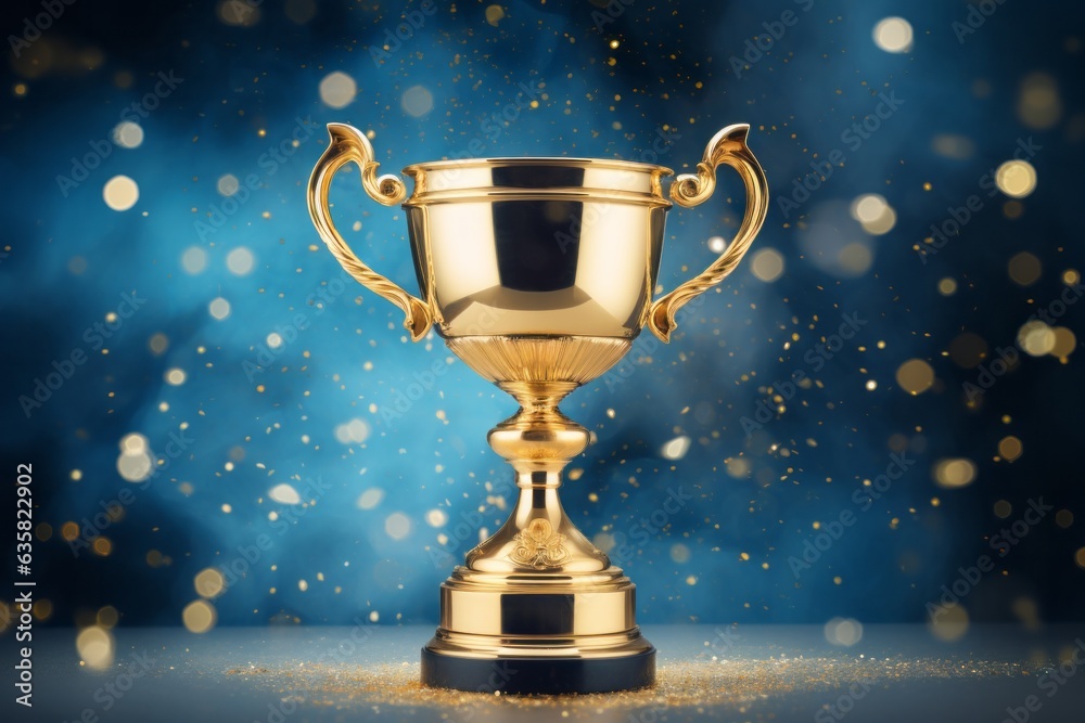Champion Award gold cup on the blue background.