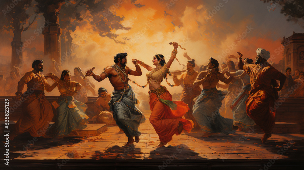 A depiction of traditional dances and performances that pay homage to the legends associated with Naraka Chaturdasi, Diwali, Naraka Chaturdasi Generative AI - obrazy, fototapety, plakaty 