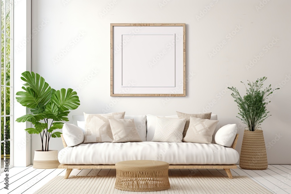 Farmhouse boho interior style mockup of a frame in a bright living room, with a white sofa. and illustration. Farmhouse boho interior style mockup of a frame in a bright living room, with a white sofa. and illustration.