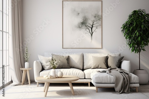 Scandinavian style living room with a modern interior background and a mock up poster frame.