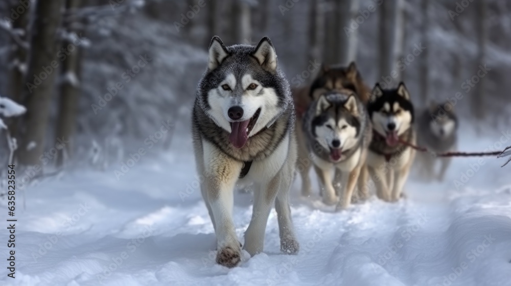 Husky sled dog racing.  Husky sled dog racing. Siberian husky dogs pull sled with musher. Winter sport competition.