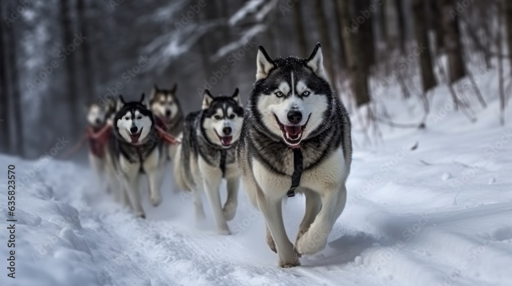 Husky sled dog racing.  Husky sled dog racing. Siberian husky dogs pull sled with musher. Winter sport competition.