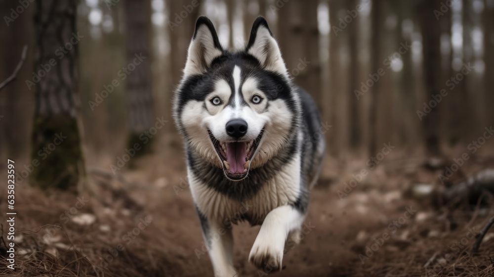 Siberian Husky dog running in the forest. Close up.