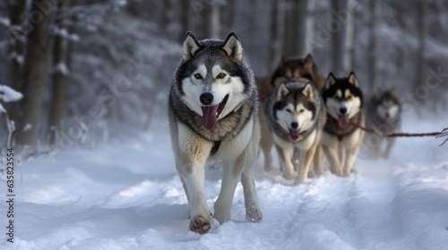 Husky sled dog racing. Husky sled dog racing. Siberian husky dogs pull sled with musher. Winter sport competition.