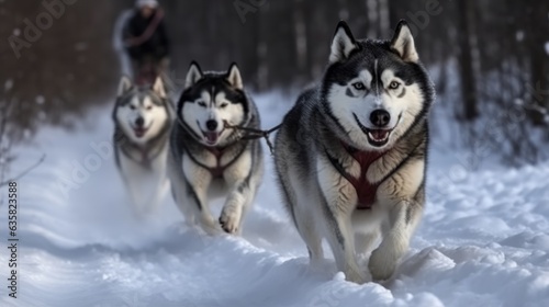 Husky sled dog racing. Siberian husky dogs pull sled with musher. Winter sport competition.